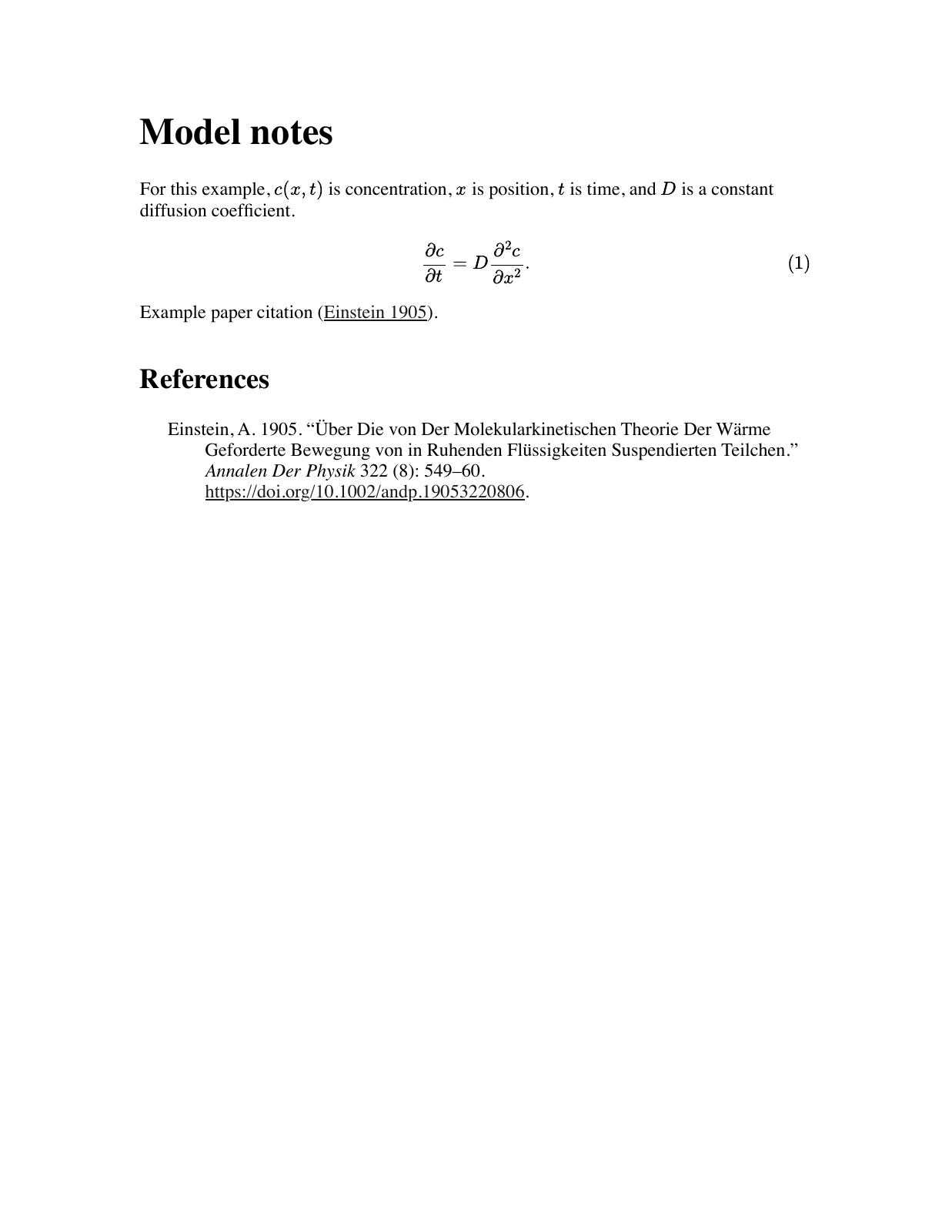 PDF page showing the diffusion equation numbered (1), an Einstein citation, and the reference list.